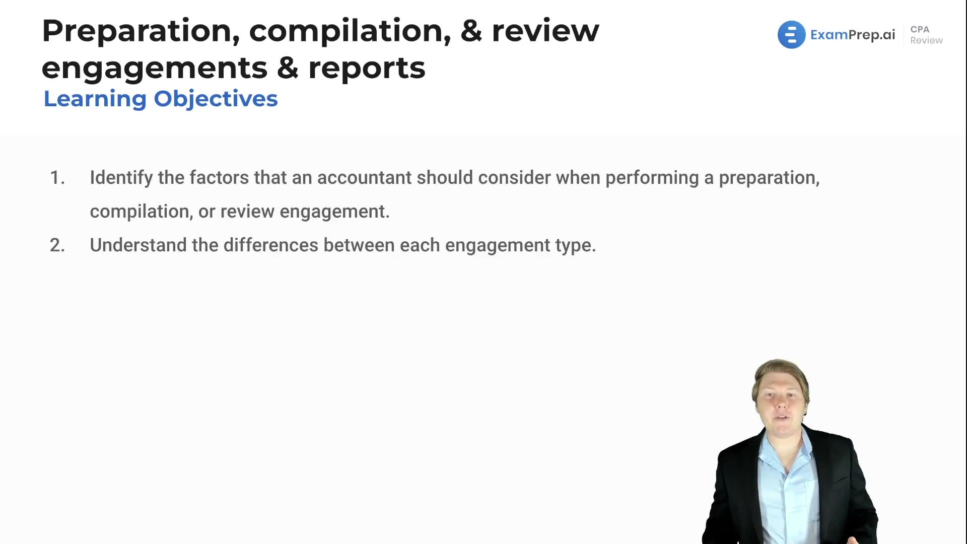 Preparation, Compilation, & Review Engagements & Reports Objectives lesson thumbnail