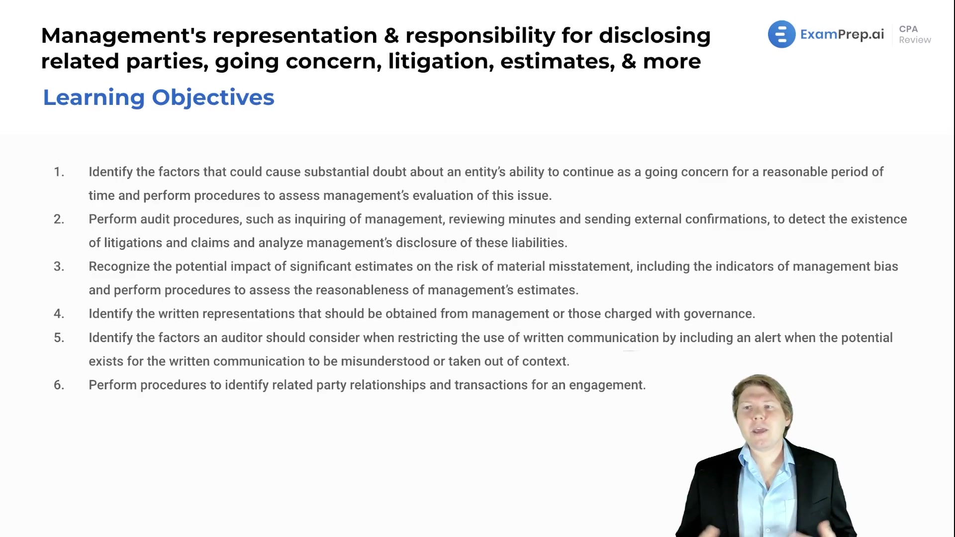 Management's Responsibility for Disclosing Related Parties, Going Concern, Litigation, Estimates, & More Objectives lesson thumbnail