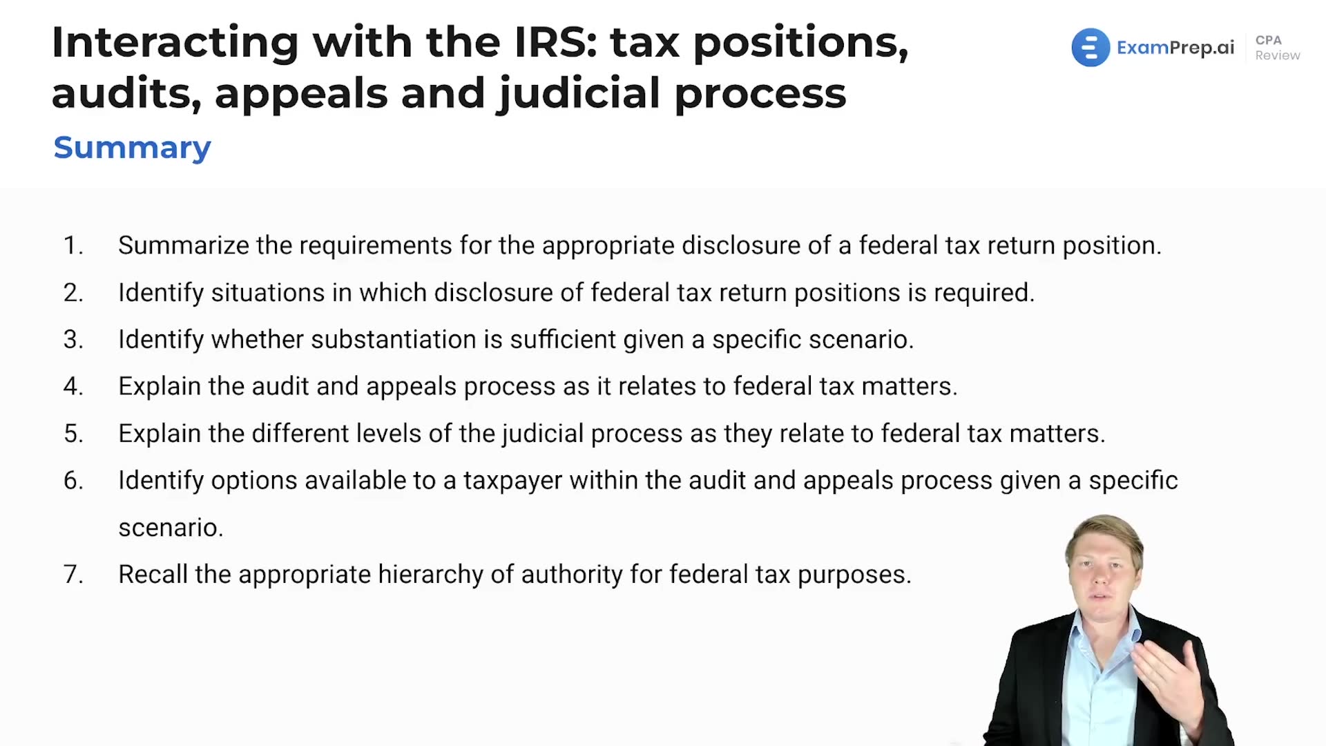 Interacting with the IRS: Tax Positions, Audits, Appeals and Judicial Process Summary lesson thumbnail