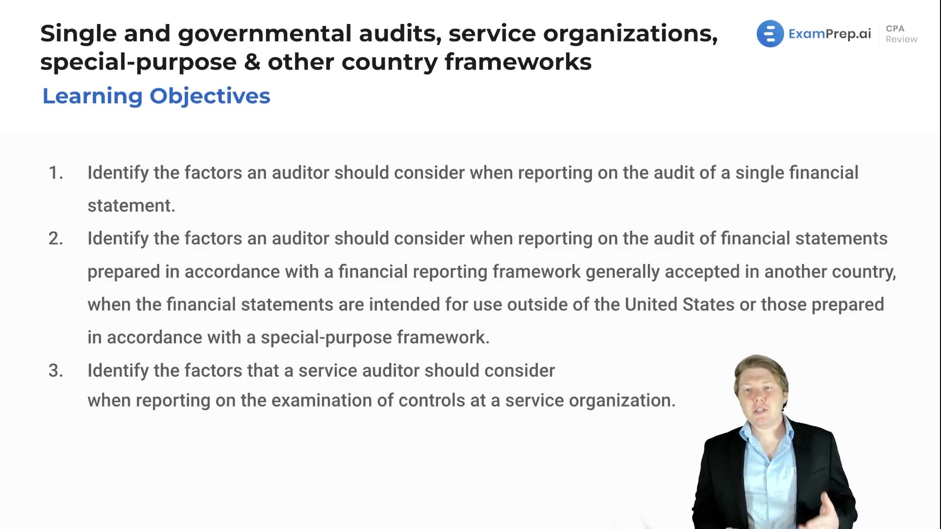 Single and Governmental Audits, Service Organizations, Special-purpose & Other Country Frameworks Objectives lesson thumbnail