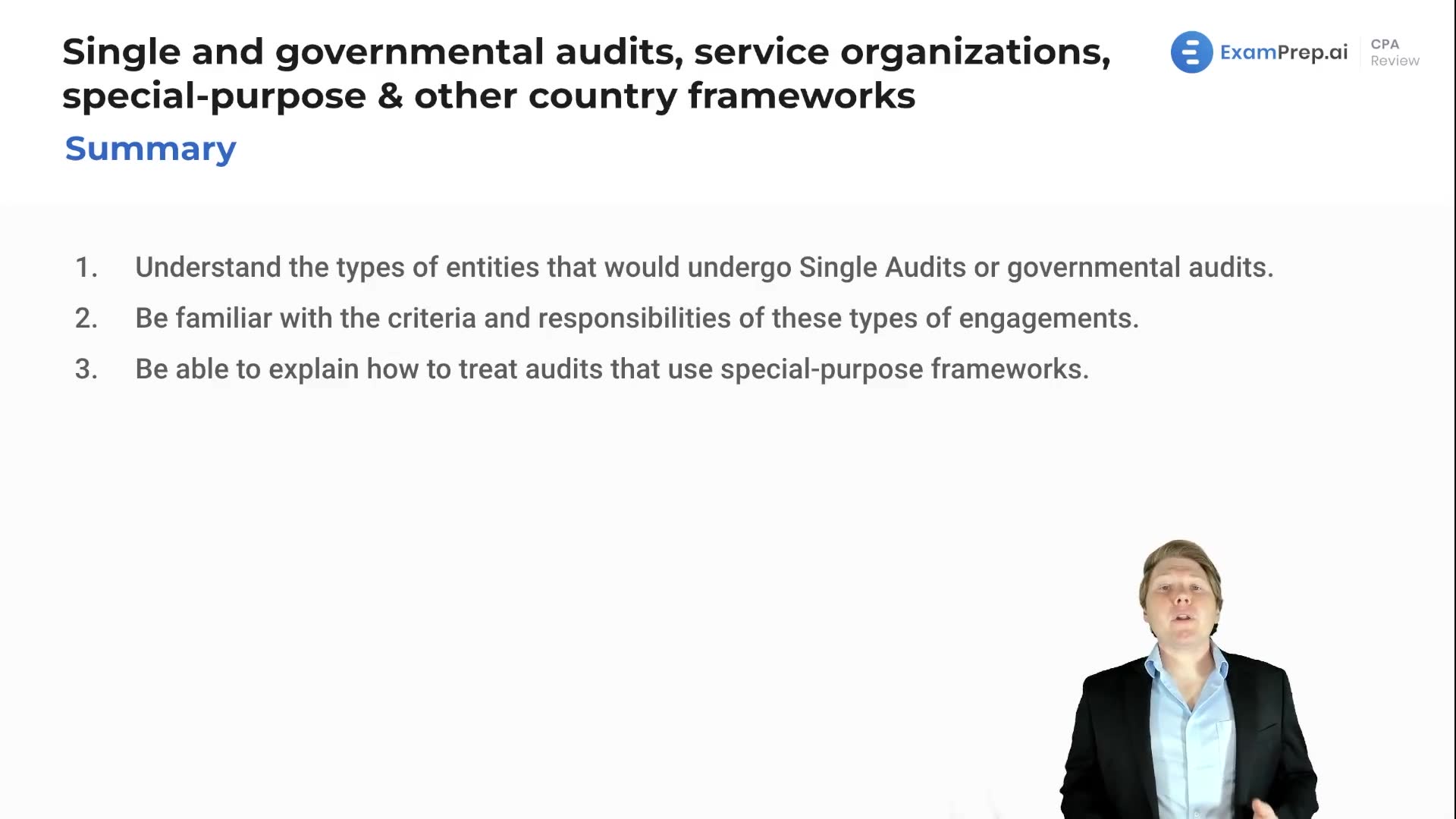 Single and Governmental Audits, Service Organizations, Special-purpose & Other Country Frameworks Summary lesson thumbnail