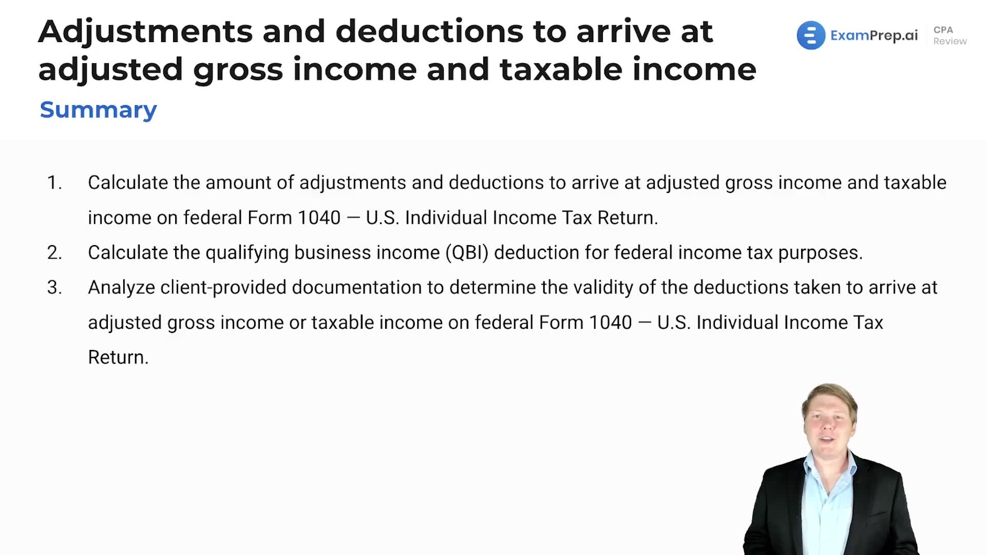 Adjustments and Deductions to Arrive at Adjusted Gross Income and Taxable Income Summary lesson thumbnail